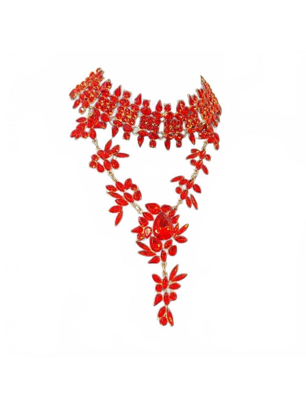 Aratta Silent Journey Red Rhinestone Statement Necklace with Gold Tone Chain